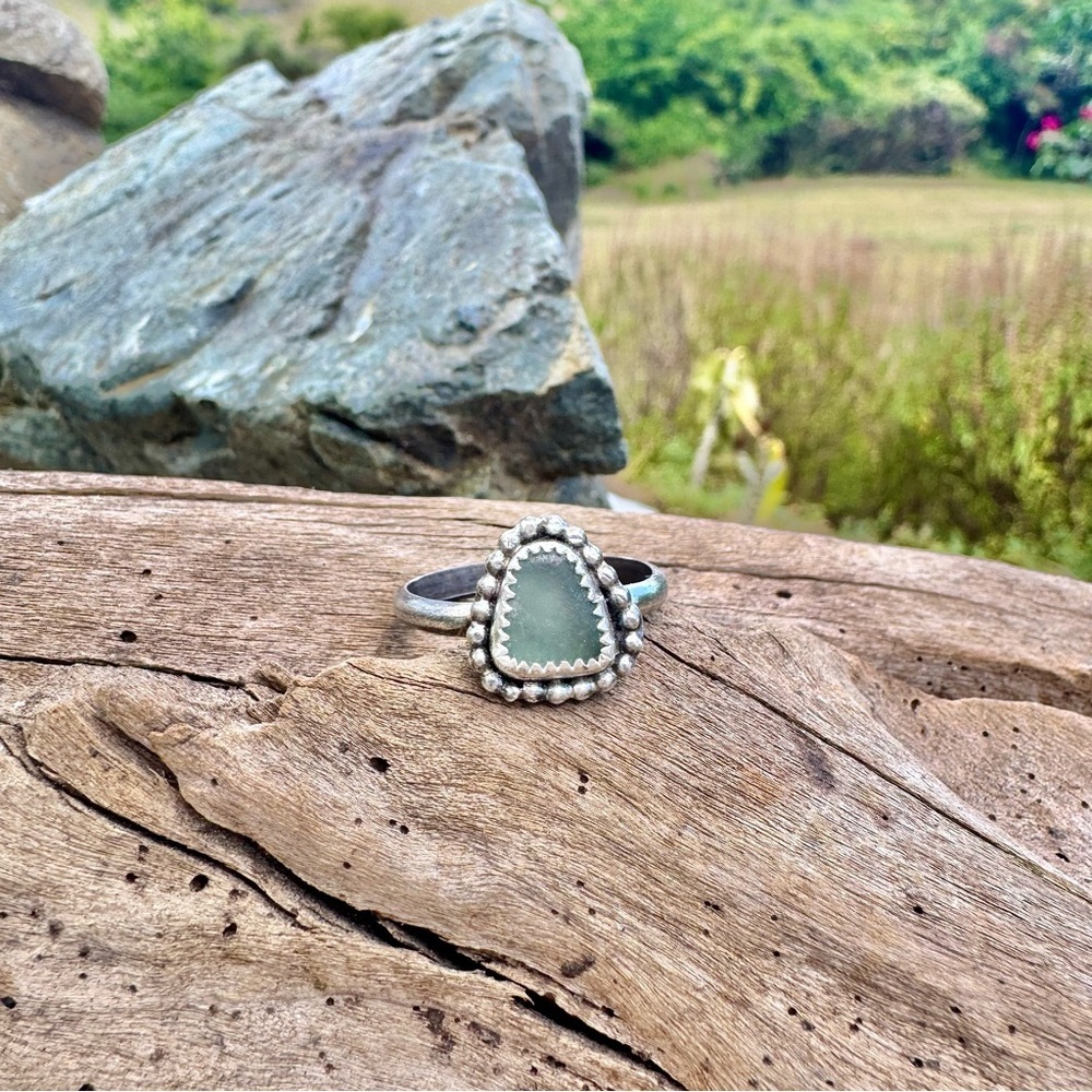 Handmade Sterling silver sea glass ring aqua blue 925 beaded beach coastal ocean - Picture 4 of 5